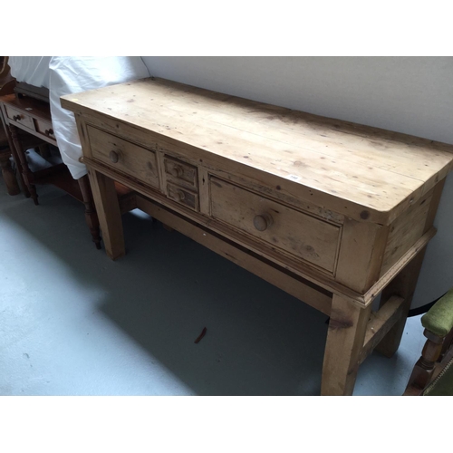 198 - WAXED PINE PANTRY TABLE STRETCHERED WITH 3 DRAWERS
60