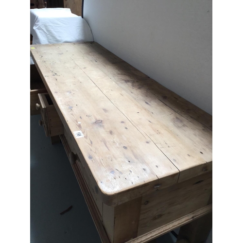 198 - WAXED PINE PANTRY TABLE STRETCHERED WITH 3 DRAWERS
60
