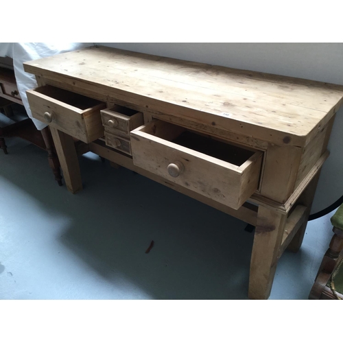 198 - WAXED PINE PANTRY TABLE STRETCHERED WITH 3 DRAWERS
60