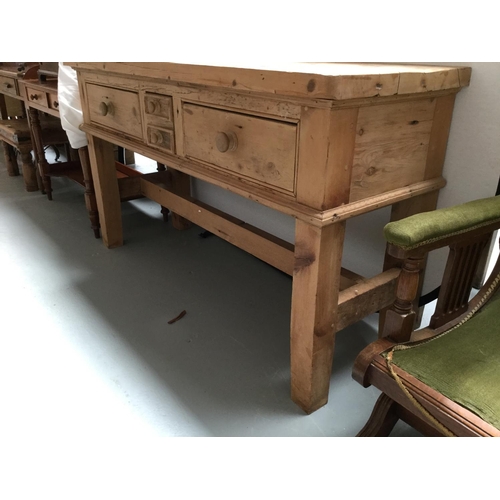198 - WAXED PINE PANTRY TABLE STRETCHERED WITH 3 DRAWERS
60