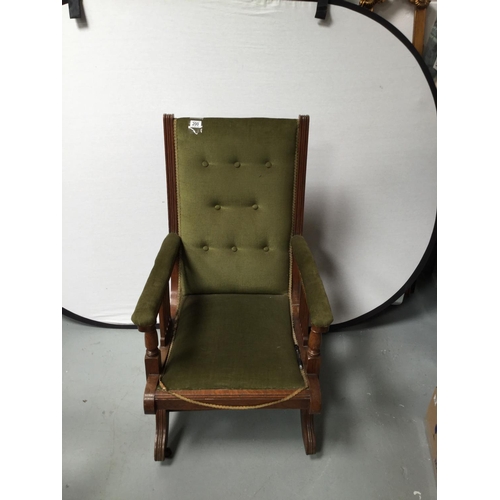 200 - EDWARDIAN BUTTON BACKED UPHOLSTERED OAK ROCKING CHAIR