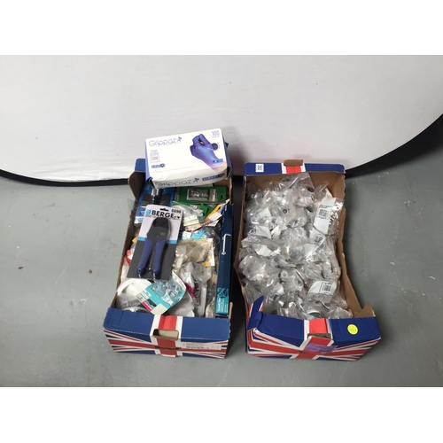 202 - BOX OF CHROME HANDLES & BOX OF HARDWARE TO INCLUDE HINGES, GLOVES ETC
