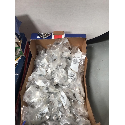 202 - BOX OF CHROME HANDLES & BOX OF HARDWARE TO INCLUDE HINGES, GLOVES ETC