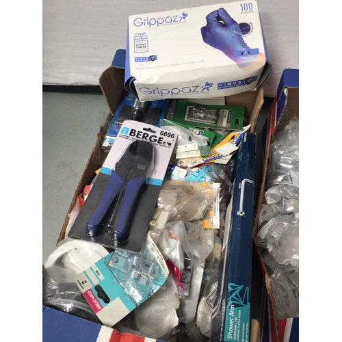 202 - BOX OF CHROME HANDLES & BOX OF HARDWARE TO INCLUDE HINGES, GLOVES ETC
