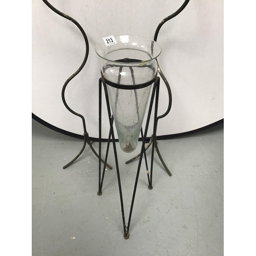 213 - 2 METAL CANDLE STANDS & GLASS VASE IN STAND