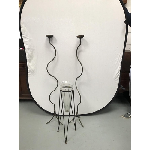 213 - 2 METAL CANDLE STANDS & GLASS VASE IN STAND