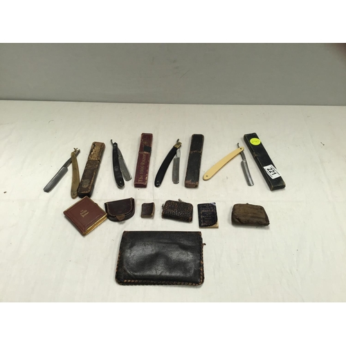 221 - QTY OF CUT THROAT RAZORS, VINTAGE PURSES ETC