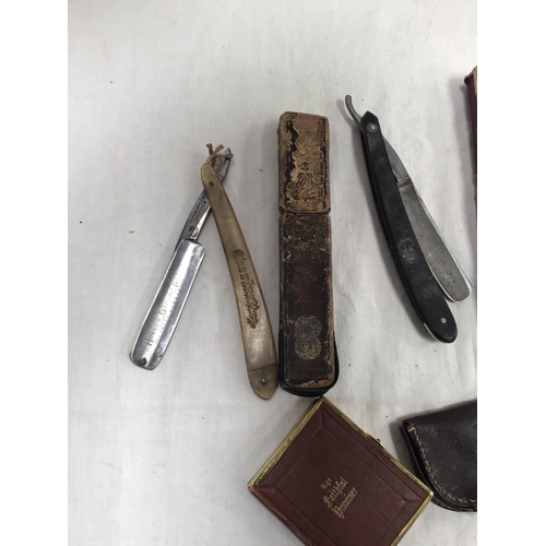 221 - QTY OF CUT THROAT RAZORS, VINTAGE PURSES ETC