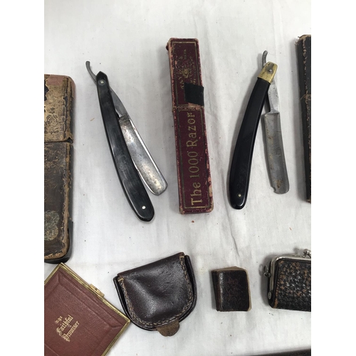 221 - QTY OF CUT THROAT RAZORS, VINTAGE PURSES ETC