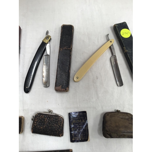 221 - QTY OF CUT THROAT RAZORS, VINTAGE PURSES ETC