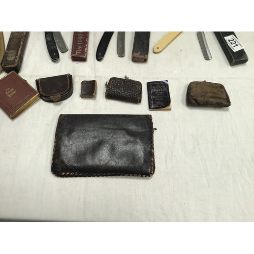 221 - QTY OF CUT THROAT RAZORS, VINTAGE PURSES ETC