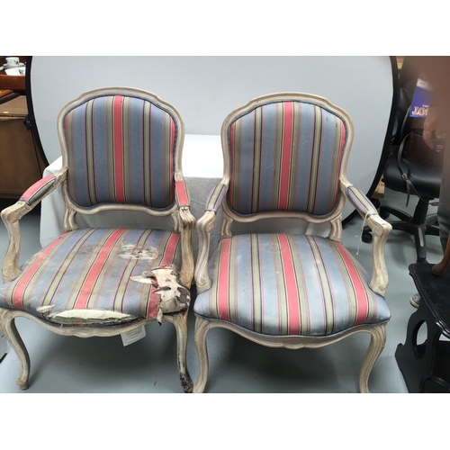223 - PAIR OF UPHOLSTERED BEDROOM ARMCHAIRS IN NEED OF RESTORATION