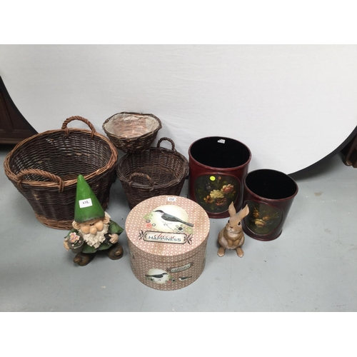 232 - 2 X LOG BASKETS, HAT BOX, 2 REPRODUCTION BINS, GARDEN GNOME & RABBIT