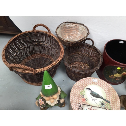 232 - 2 X LOG BASKETS, HAT BOX, 2 REPRODUCTION BINS, GARDEN GNOME & RABBIT
