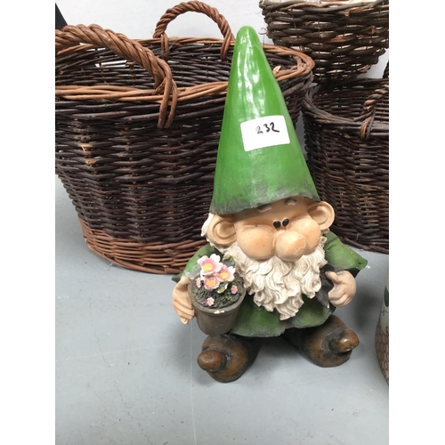 232 - 2 X LOG BASKETS, HAT BOX, 2 REPRODUCTION BINS, GARDEN GNOME & RABBIT