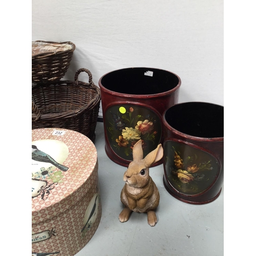 232 - 2 X LOG BASKETS, HAT BOX, 2 REPRODUCTION BINS, GARDEN GNOME & RABBIT
