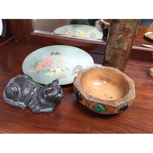 237 - QTY OF ORNAMENTS TO INCLUDE WOODEN BOWL, METAL BOTTLE ETC