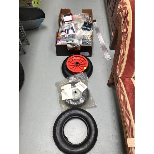 239 - BOX OF HARDWARE TO INCLUDE WHEELBARROW WHEELS, SCREWS, TOOLS ETC
