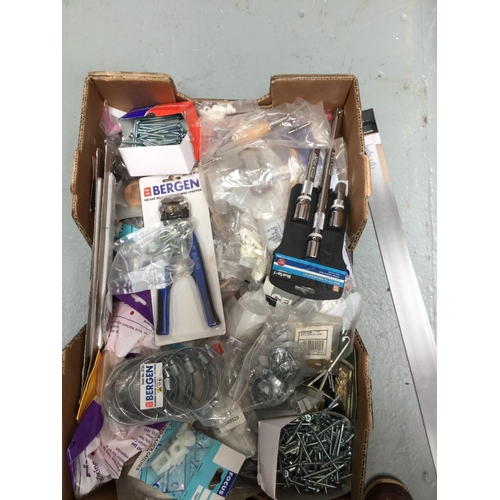239 - BOX OF HARDWARE TO INCLUDE WHEELBARROW WHEELS, SCREWS, TOOLS ETC