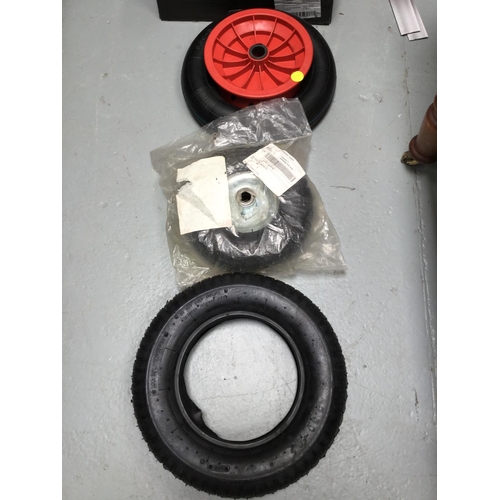 239 - BOX OF HARDWARE TO INCLUDE WHEELBARROW WHEELS, SCREWS, TOOLS ETC