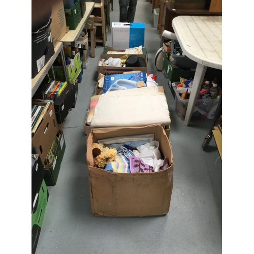 302 - 6 BOXES OF LINEN, BLANKETS ETC, FOOTSPA & BATH STEP