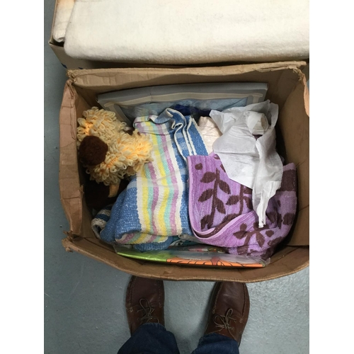 302 - 6 BOXES OF LINEN, BLANKETS ETC, FOOTSPA & BATH STEP