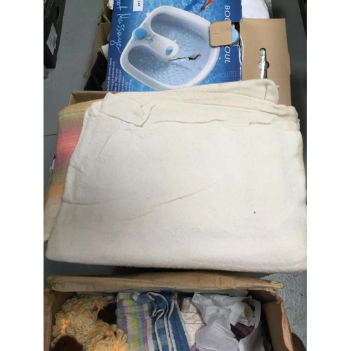 302 - 6 BOXES OF LINEN, BLANKETS ETC, FOOTSPA & BATH STEP