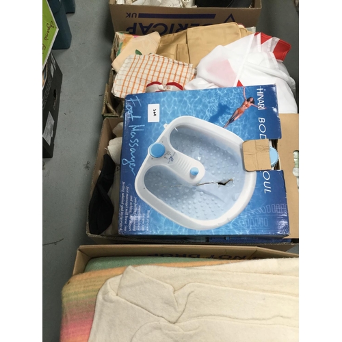 302 - 6 BOXES OF LINEN, BLANKETS ETC, FOOTSPA & BATH STEP