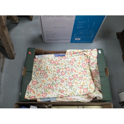 302 - 6 BOXES OF LINEN, BLANKETS ETC, FOOTSPA & BATH STEP