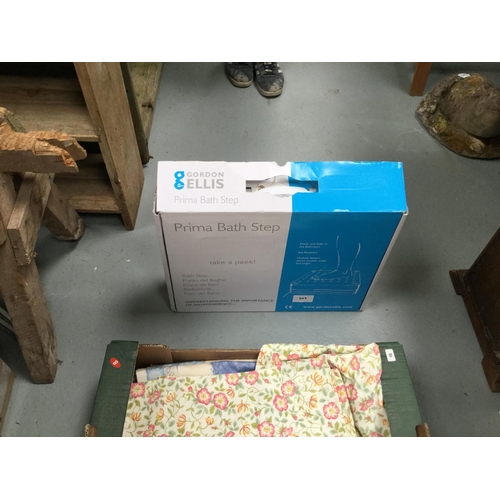 302 - 6 BOXES OF LINEN, BLANKETS ETC, FOOTSPA & BATH STEP