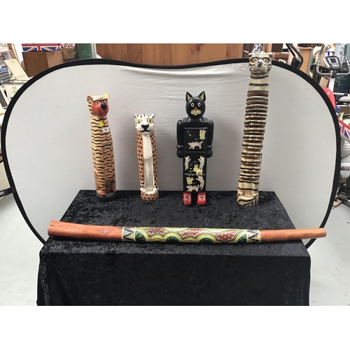64 - 3 WOODEN CAT ITEMS AND A DIDGERIDOO