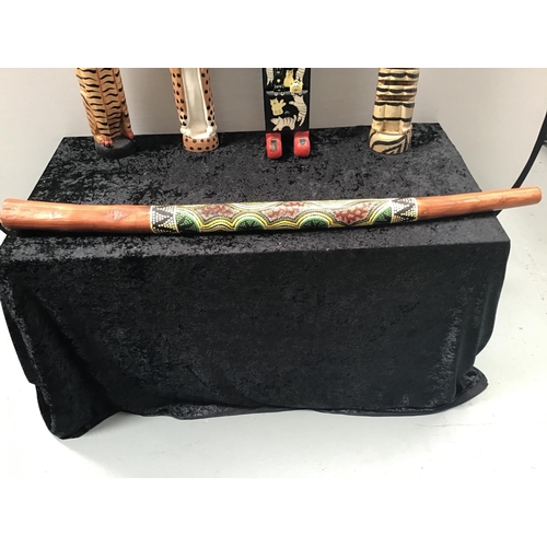 64 - 3 WOODEN CAT ITEMS AND A DIDGERIDOO
