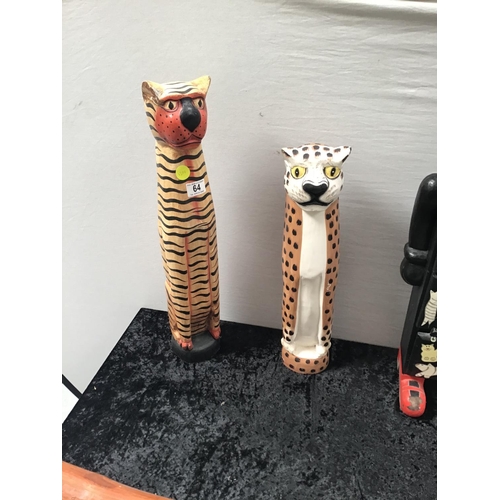 64 - 3 WOODEN CAT ITEMS AND A DIDGERIDOO