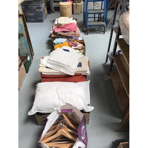 65 - 7 BOXES OF LINEN, BLANKETS, CURTAINS ETC