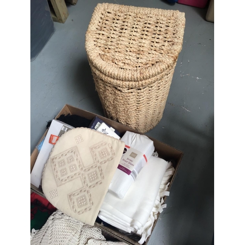 65 - 7 BOXES OF LINEN, BLANKETS, CURTAINS ETC