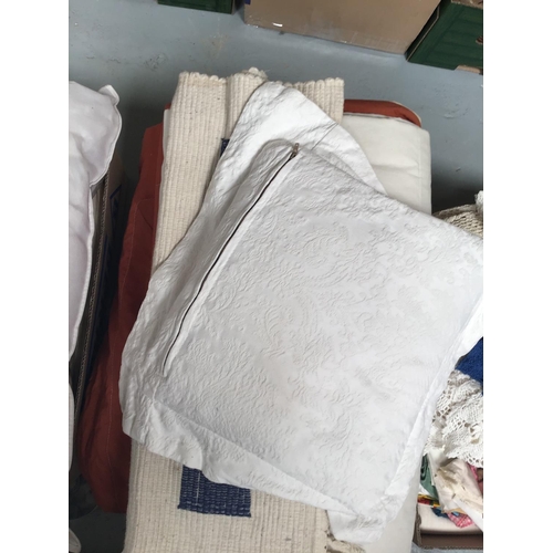 65 - 7 BOXES OF LINEN, BLANKETS, CURTAINS ETC