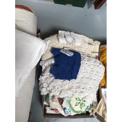 65 - 7 BOXES OF LINEN, BLANKETS, CURTAINS ETC