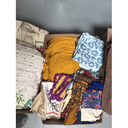 65 - 7 BOXES OF LINEN, BLANKETS, CURTAINS ETC