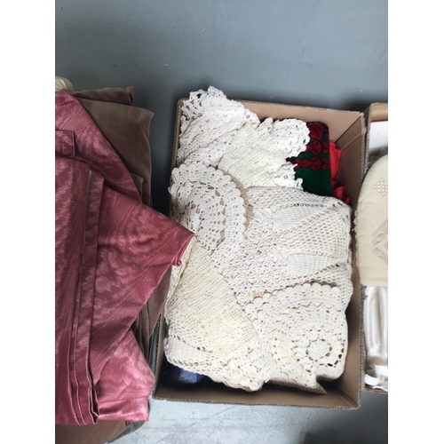 65 - 7 BOXES OF LINEN, BLANKETS, CURTAINS ETC