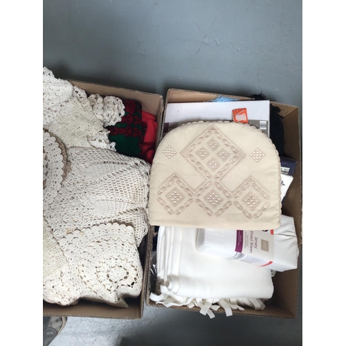 65 - 7 BOXES OF LINEN, BLANKETS, CURTAINS ETC