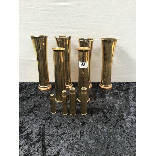 68 - 3 PAIRS OF TRENCH ART BRASS VASES AND 4 SHELL CASES