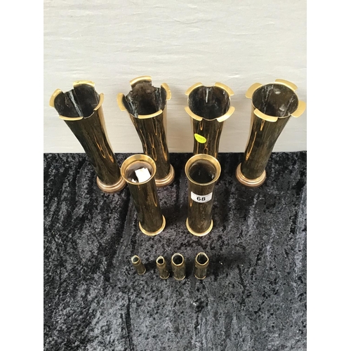 68 - 3 PAIRS OF TRENCH ART BRASS VASES AND 4 SHELL CASES