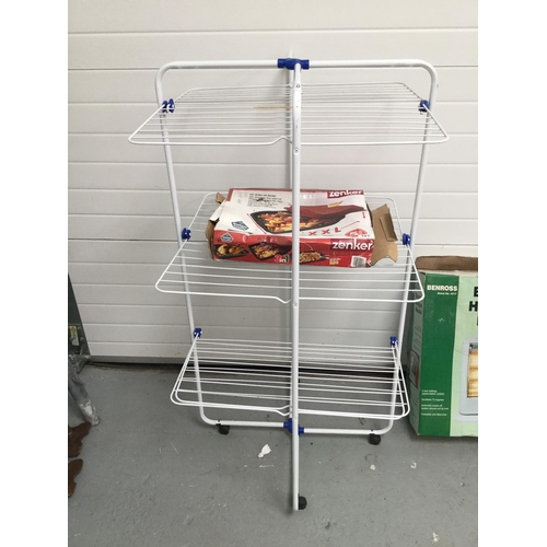 101 - FOLDING CLOTHES AIRER, CASSEROLE DISH, SHOWER STOOL ELECTRIC HEATER, PLANT STAND