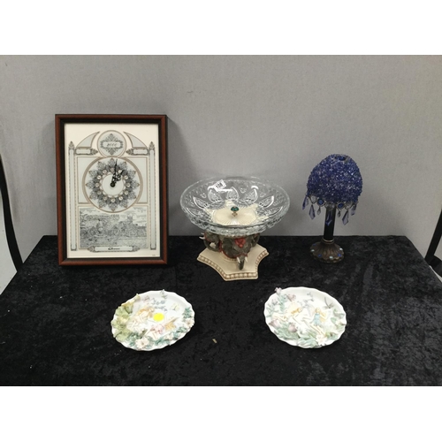 108 - FAIRY DECORATE PLAQUES, WALL CLOCK, DECORATIVE LAMP AND TABLE ELEPHANT CENTREPEICE