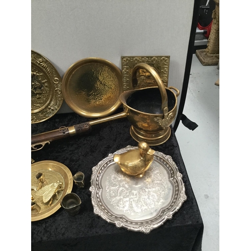 109 - QTY OF BRASS WARE TO INCLUDE 2 SCUTTLES, PLAQUES TRIVET ETC