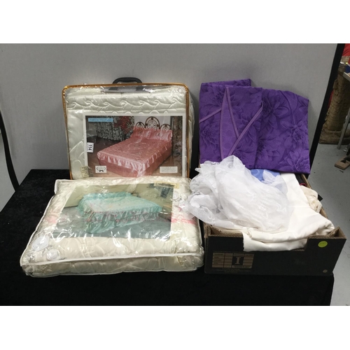 114 - 2 DOUBLE QUILTS IN BAGS AND BOX OF LINEN