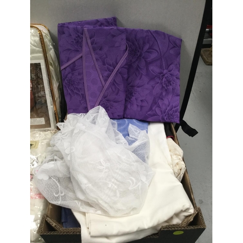 114 - 2 DOUBLE QUILTS IN BAGS AND BOX OF LINEN
