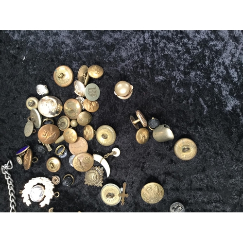 82 - QTY OF CAP BADGES, MILITARY BUTTONS ETC