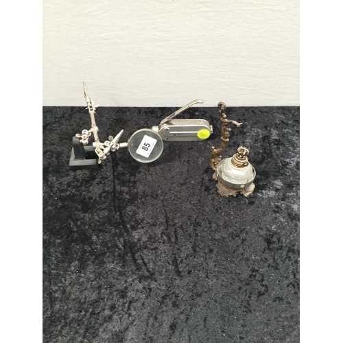 85 - WATCH MAKERS VICE, VICTORIAN PEG LAMP AND VINTAGE WIND UP TORCH