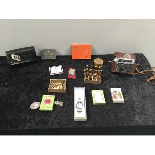 87 - QTY OF MINATURE BOTTLES, VINTAGE CAMERA, CARD GAME, STUDS, WATCH ETC